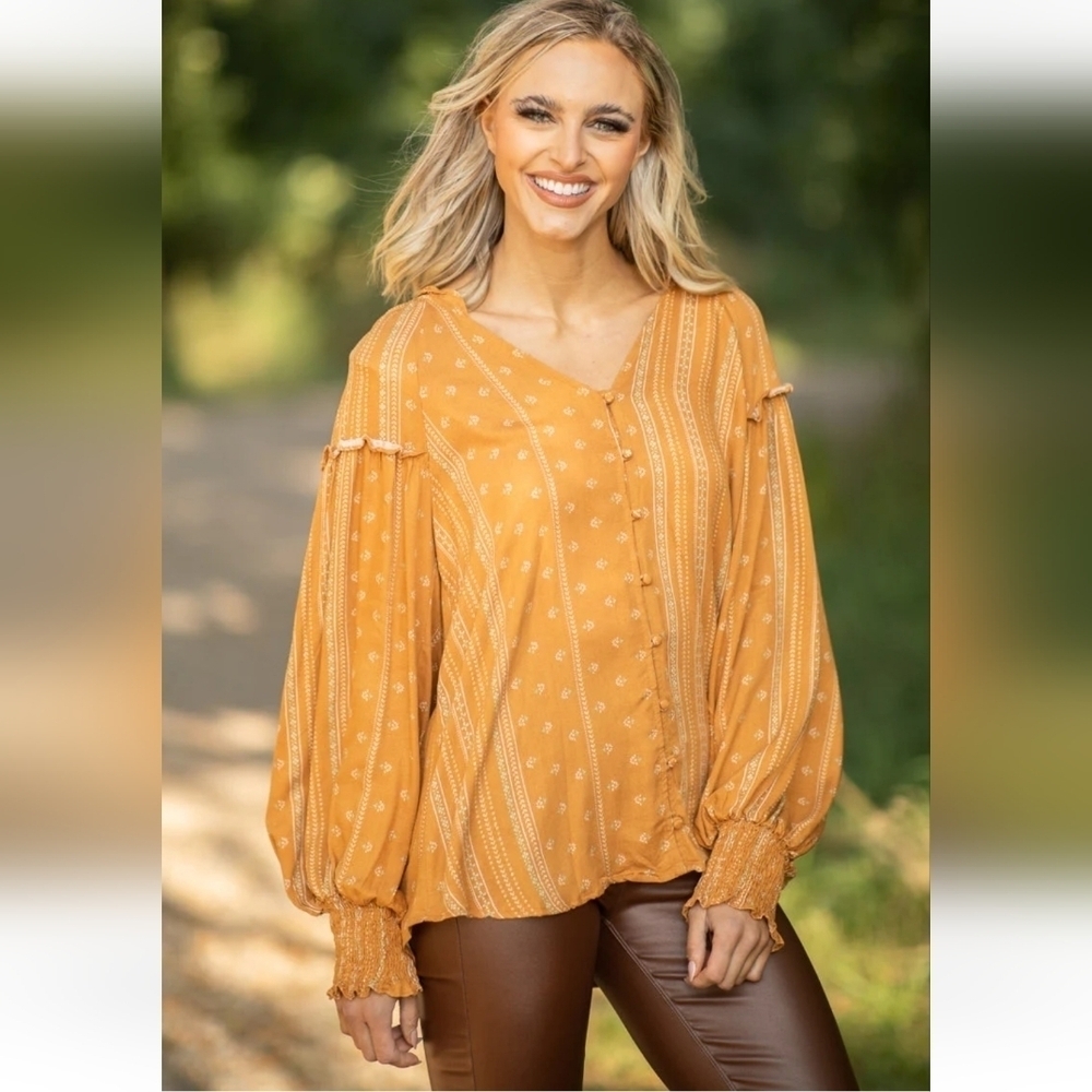 Ces Femme Floral BoHo Button Down Blouse size Small Balloon Sleeve